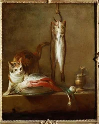 Cat with Salmon Slice, Two Mackerels, Mortar and Pestle